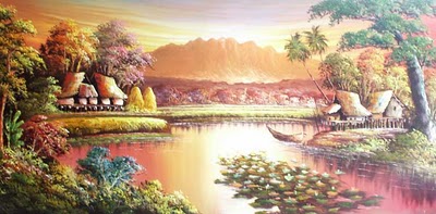  Lukisan  Pemandangan Desa di Kaki Gunung 