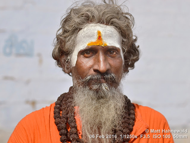 Matt Hahnewald Photography; Facing the World; closeup; street portrait; headshot; outdoor; Asia; South Asia; India; Tamil Nadu; Tiruchirappalli; Nikon D3100; Nikkor AF-S 50mm f/1.8G; travel; travel destination; Shaivite sadhu; Hindu; Hinduism; photography; colour; portraiture; person; people; eyes; grey hair; face; unkempt hair; Srirangam; Sri Jambukeshwara Temple; long beard; eye contact; religion; orange robe; mala; japa mala; prayer beads; rudraksha mala; mala beads; vibhuti; white ash on forehead