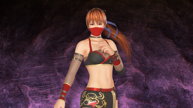 Kasumi wearing black alternate ninja suit with red face mask standing in dark purple background