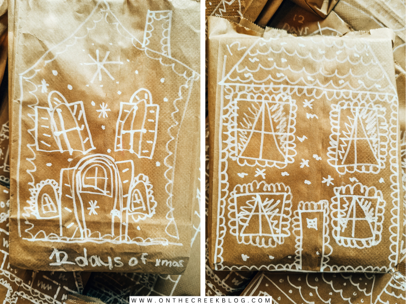 Handcrafted gingerbread house designs on brown paper bags, showcasing DIY holiday creativity. | on the creek blog // www.onthecreekblog.com