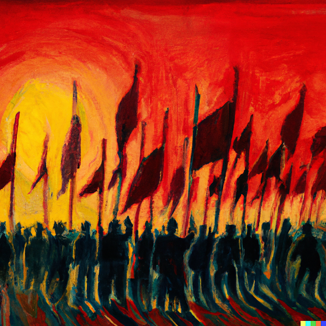 An oil painting image of a crowd walking into a rising sun. Their figures are indistinct but we can see they are waving red flags.