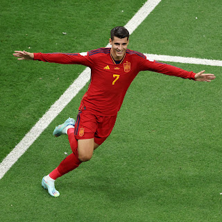 Alvaro Morata celebrates scoring for Spain in the FIFA World Cup 2022 match against Germany at the Al Bayt Stadium in Qatar