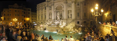 trevi fountain, rome italy, crowd at night