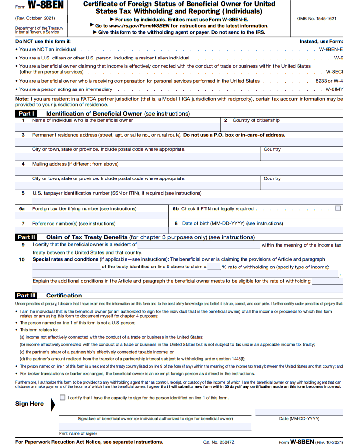[PDF] Download W-8BEN Form: Guide to Fill Out the Form