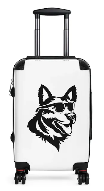 Travel Suitcase With German Shepherd Graphic Close Up Face Wearing Black Glasses