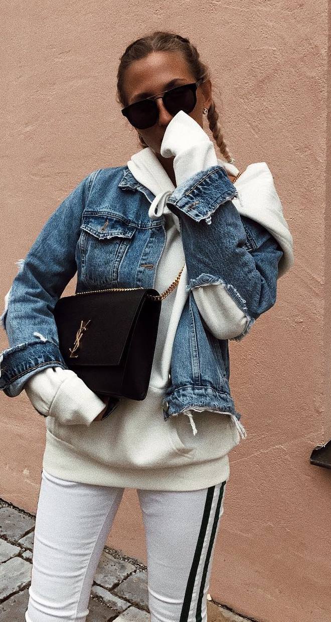 fall street style perfection / denim jacket + white sweatshirt + bag + stripped pants