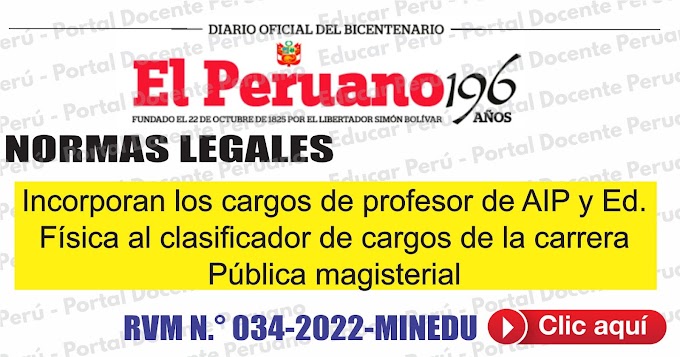 Incorporan los cargos de profesor de AIP y Educación Física en el clasificador de cargos de la carrera magisterial