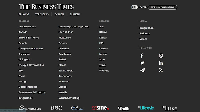 Các nhóm nội dung khác nhau trên nền tảng số của The Business Times. Ảnh: The Business Times