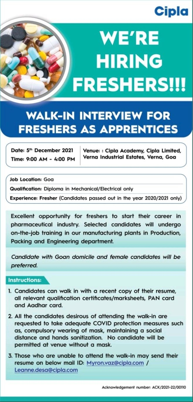 cipla - Diploma in Mechanical /Electrical department required Freshers for Goa location 2021.