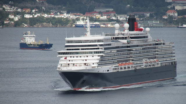 A bird's-eye view of Cunard's MS Queen Elizabeth departing Bergen, Norway; Cruise ships from above