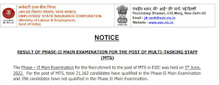 ESIC MTS Mains Result 2022