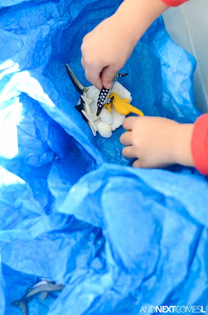 Close up of preschooler's hands in an ocean themed sensory bin