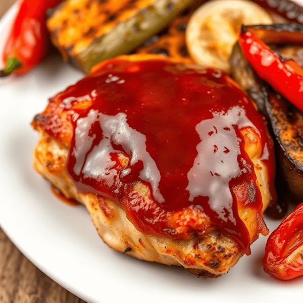 BBQ chicken breast topped with barbecue sauce, served with grilled vegetables.