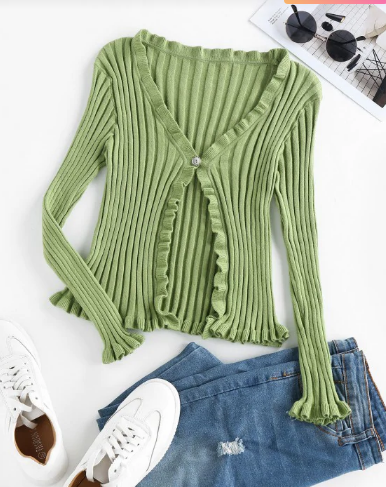 ZAFUL One Button Ruffle Knit Cardigan - Avocado Green S