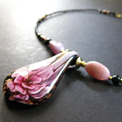 Carnation Bloom Beaded Lampwork Necklace in Pink