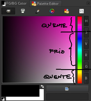 Picker Default do Gimp, onde as cores quentes estão localizadas<br />
nas extremidades e na parte central as cores frias.