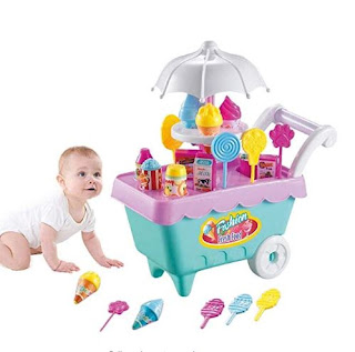 Loveje 19 PCS Ice Cream and Candy Trolley Toy,Play Food Supermarket Trolley Cart Toys with Rotating Music Lighting Pretend Play Set Best Gift for Boys and Girls