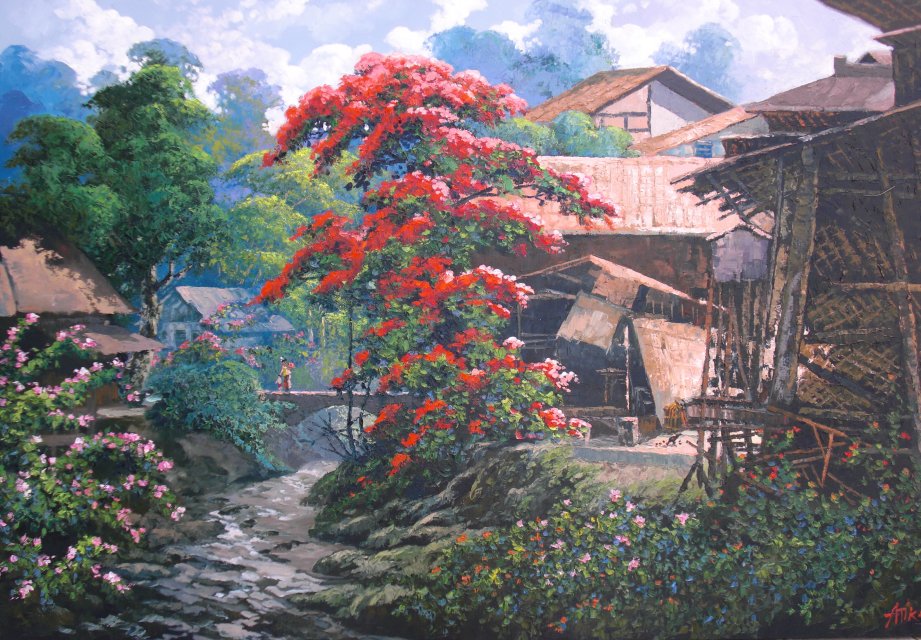  Lukisan  Pemandangan Desa  di Kaki Gunung