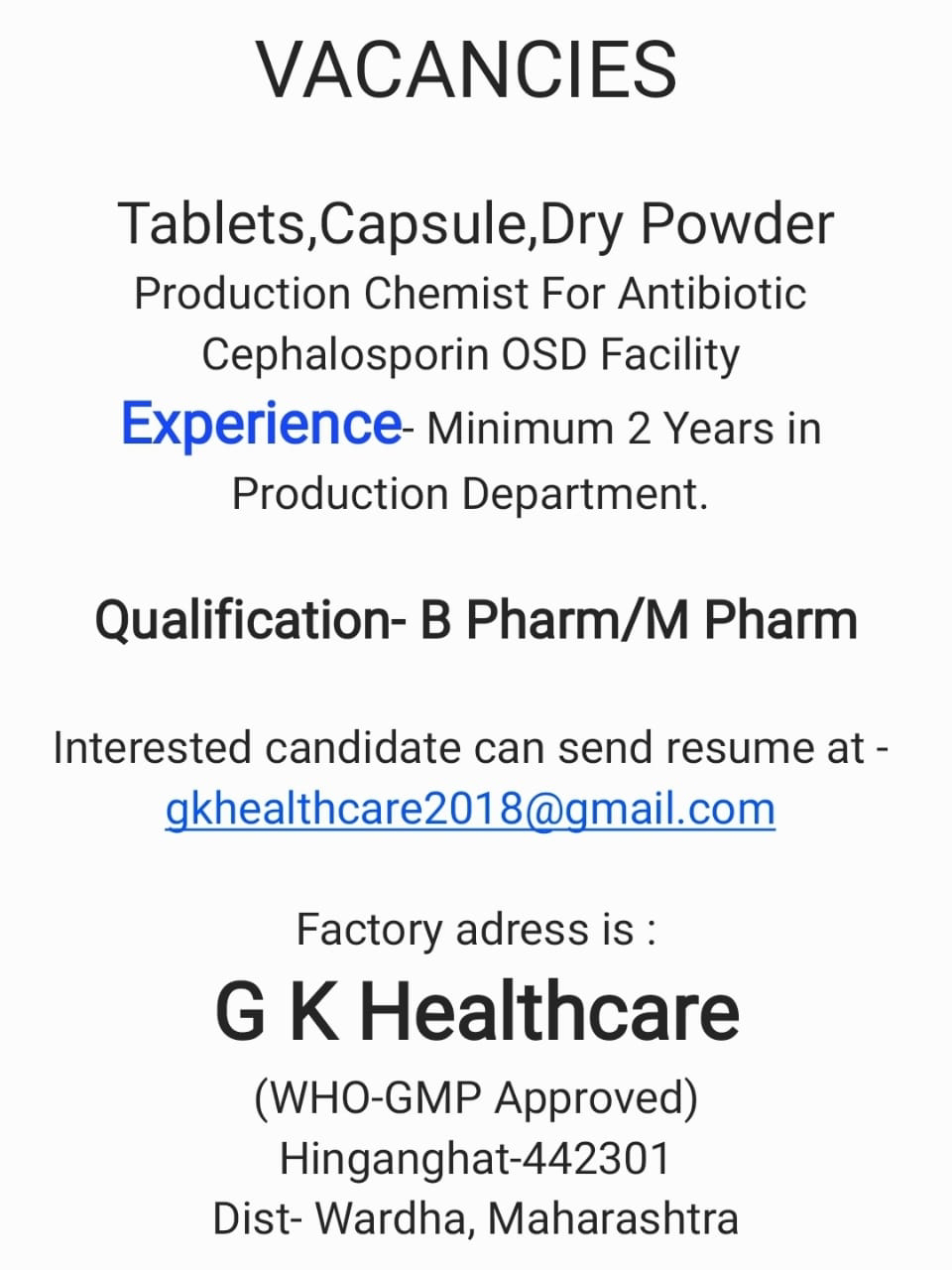 Job Availables,G K Healthcare Job Vacancy For B Pharm/M Pharm