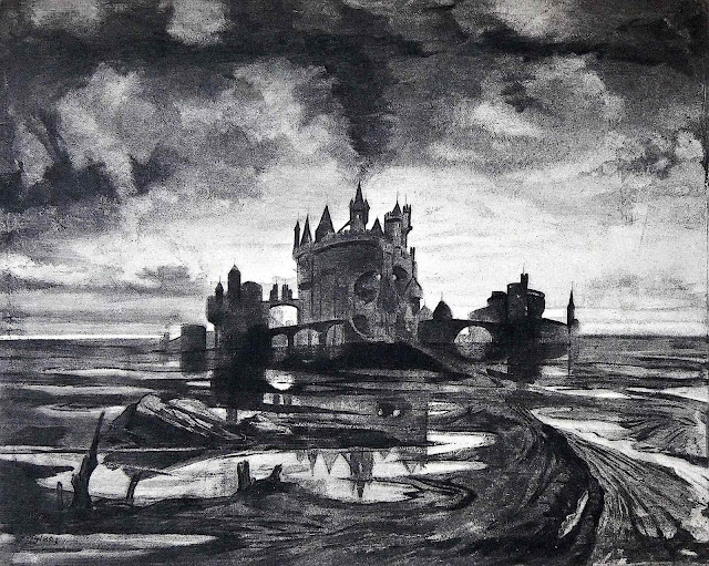 W.V. Cockburn art 1882, a skull castle on a bleak landscape