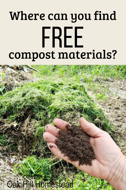 Woman's hand holding finished compost, or "humus." Text: where to find free compost materials.