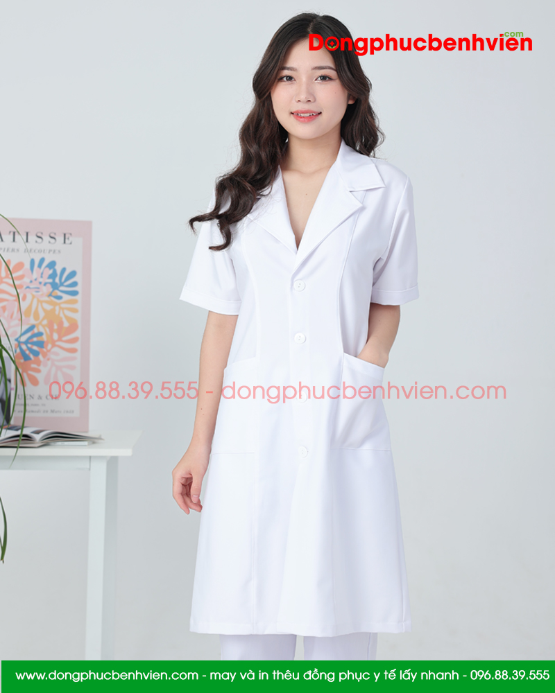 Áo blouse trắng nam - nữ cao cấp chuẩn form - Áo blu cộc tay, dáng dài cho bác sĩ, thẩm mỹ viện