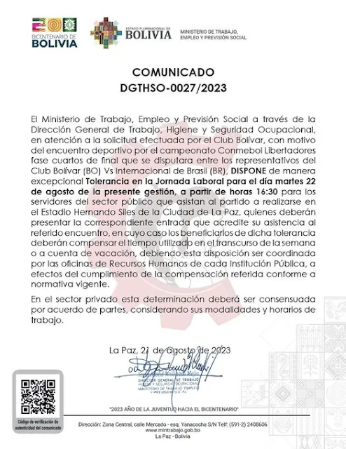 Tolerancia Laboral para los trabajadores que tengan entradas para el Bolivar vs Internacional