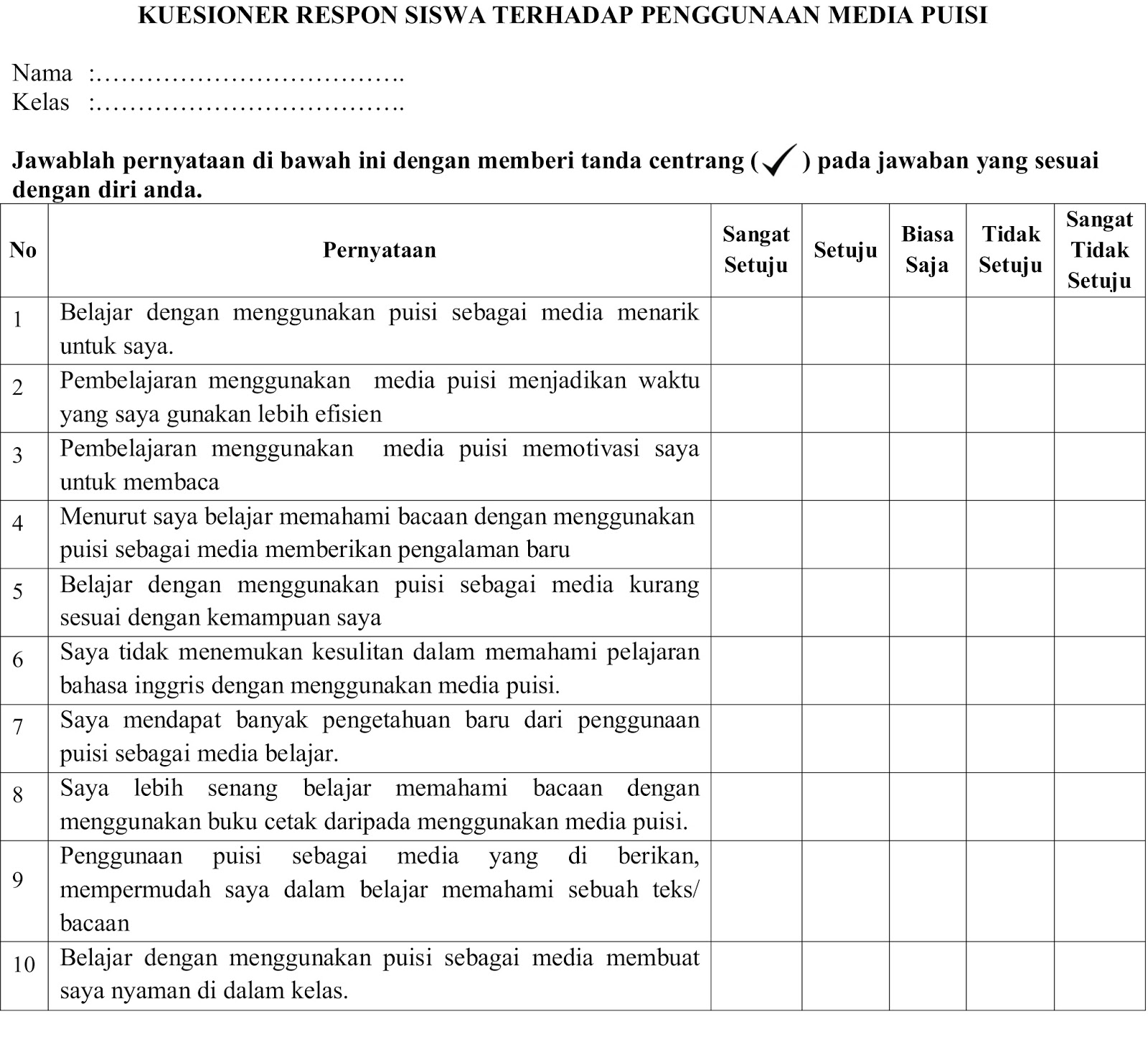 INSTRUMENT QUESTIONNAIRE SKRIPSI BAHASA INGGRIS THESIS 