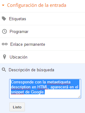 Dónde modificar la metaetiqueta description en Blogger