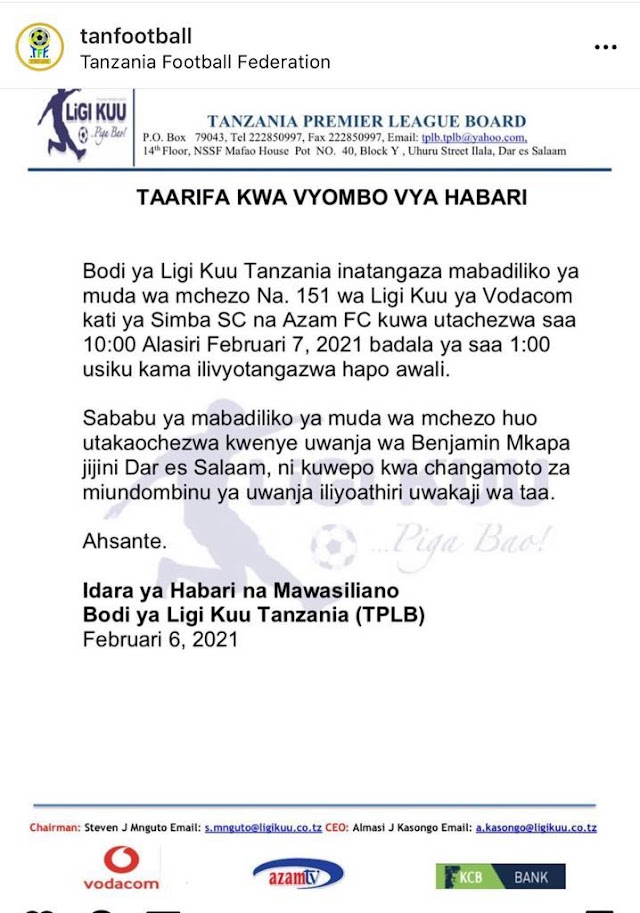 BODI YA LIGI KUU TANZANIA YAFANYA MABADILIKO ,MECHI YA SIMBA SC vs AZAM FC.