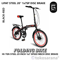 Sepeda Lipat Evergreen  Folding-20 7Sp-Disc 20 Inch x 1.75 Inch Hi-Ten Steel 1x7 Speed Mech Disc Brake Folding Bike Remaja Dewasa EG120-8-Disc
