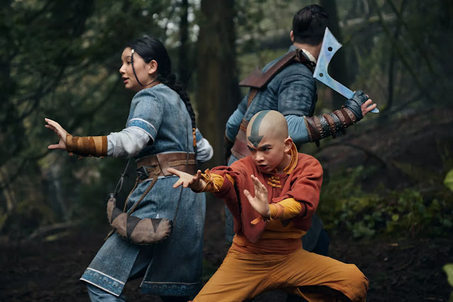 Kiawentiio as Katara, Gordon Cormier as Aang, Ian Ousley as Sokka in 'Avatar: The Last Airbender'. ROBERT FALCONER/NETFLIX