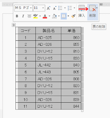 メニューの［表の削除］をクリック