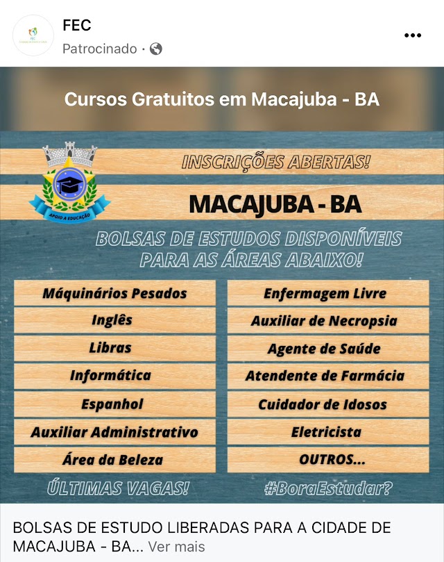 É falso propaganda da FEC oferecendo cursos gratuitos em Macajuba 