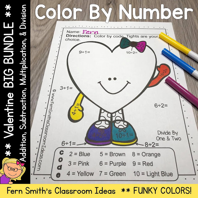 You will love the no prep, print and go ease of these St. Valentine's Day Color By Number Addition, Subtraction, Multiplication, and Division FUNKY Valentines Themed Printables. This FUNKY St. Valentine's Day Color By Number Addition, Subtraction, Multiplication, and Division Printables include 20 pages for introducing or reviewing addition, subtraction, multiplication, and division. This bundle is perfect for differentiation in ESOL, ESL, Home Schooling and Special Education Classes.