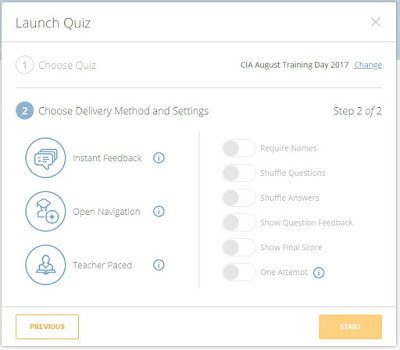 Screenshot of quiz launcher showing various delivery options