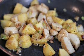 cooking potatoes, sunchokes and spring onions