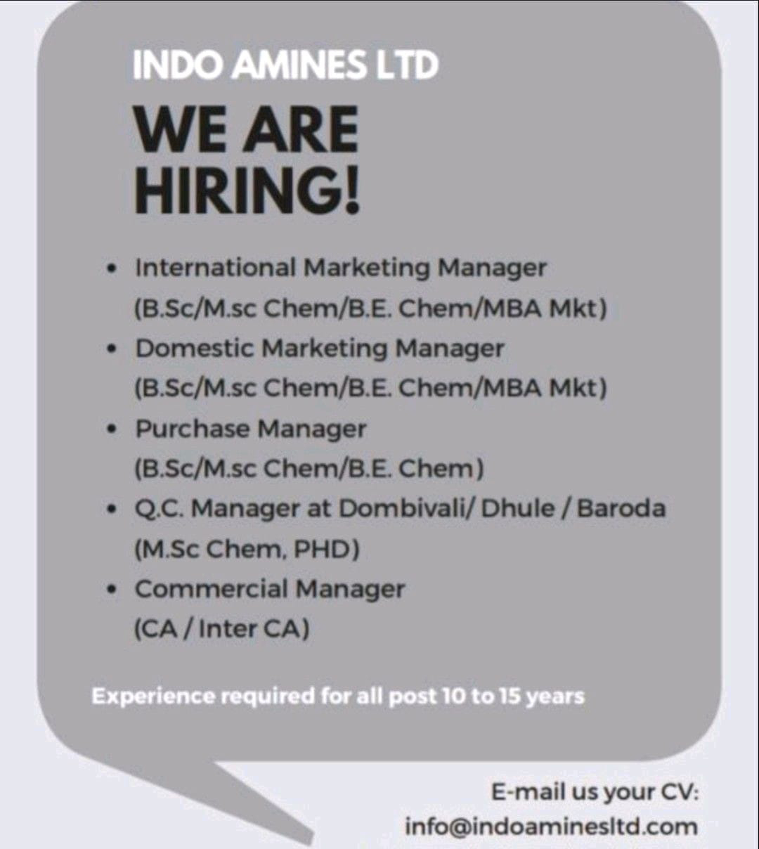 Job Availables, Indo Amines Ltd Job Vacancy for BSc/ MSc Chemistry/ BE Chemical/ MBA/ Ph D/ CA