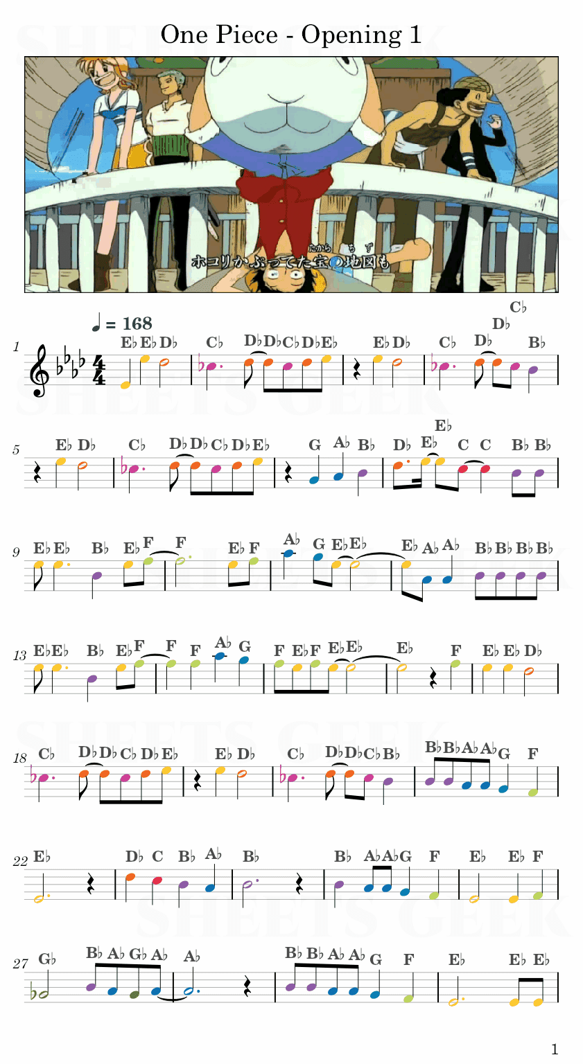 One Piece - Opening 1 Easy Sheet Music Free for piano, keyboard, flute, violin, sax, cello page 1