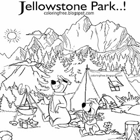 Kids cartoon Yogi Bear camp resort Jellystone park encampment tents outdoor cooking coloring in page