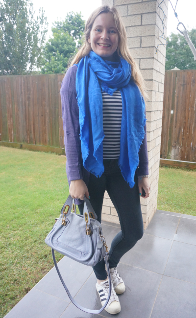 louis vuitton scarf, navy stripe tee, purple cocon cardigan and skinny jeans sneakers and Chloe paraty bag | awayfromble