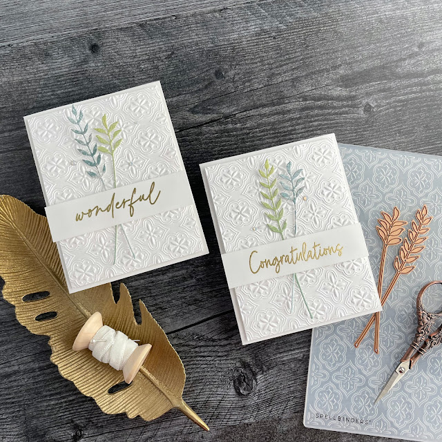 Embossed White Floral Cards created with Spellbinders Floral Relfection collection, sealed wildflowers die, tile reflection embossing folder; Scrapbookcom solar white cardstock, foam adhesive, celebrate expressions stamp, hi fall stamp; 49 an Market spectrum sherbet papers