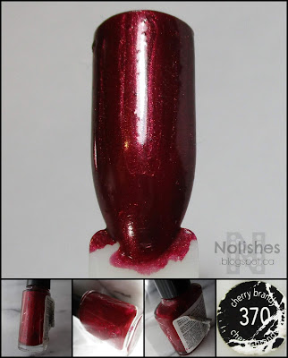 Swatch of CoverGirl 'Cherry  Brandy' along with some shots of the empty bottle, and label