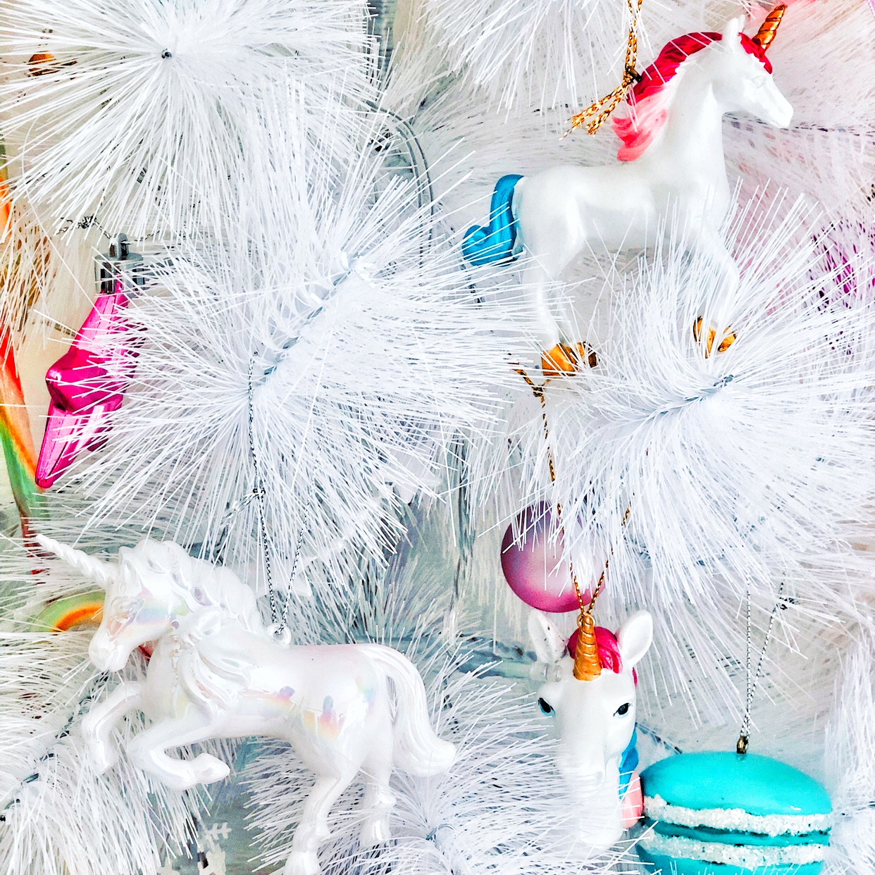 Kawaii White Christmas with magical Unicorn baubles