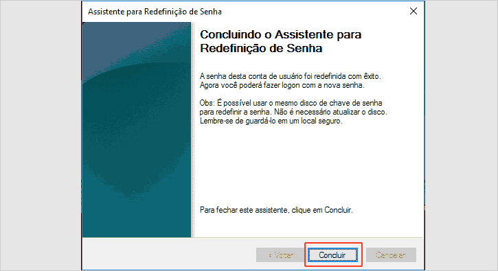 Senha redefinida e processo concluído com sucesso no Windows 10