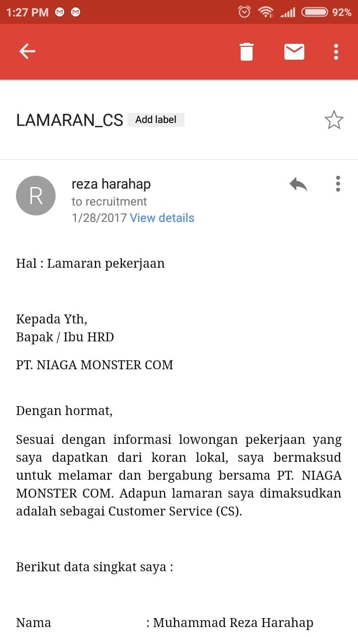 Contoh Surat Lamaran Kerja Via Email Hp Kumpulan Contoh Gambar