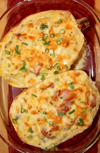 Baked Ham and Cheese Spaghetti Squash Boats in a baking dish.
