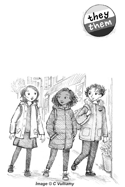 A black and white image showing our three protagonists walking along the pavement beside some shops. They are dressed in jackets and have back packs on. Ash has their THEY THEM badge on, a larger copy is at the top of the image. From left to right there is Eva, Simone and Ash.