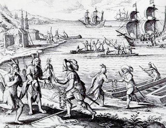 Причудливое изображение встречи Джона Гая с Беотуком в заливе Тринити в 1612 году.