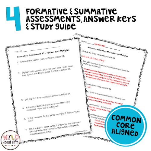 Formative assessments and quizzes on factors and multiples